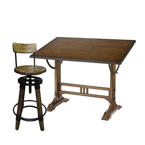 None Vintage Solid Pine Wood Drafting Table with Stool Adjustable Angle Drawing Desk (135x85x96cm)