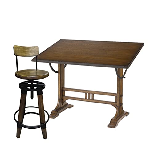 None Vintage Solid Pine Wood Drafting Table with Stool Adjustable Angle Drawing Desk (135x85x96cm)