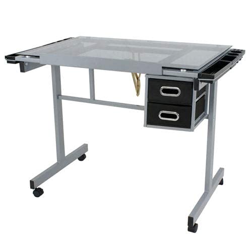Premium WIsh Outlet Adjustable Drawing Desk Drafting Table Tempered Glass Top Art Craft Station (Rolling)