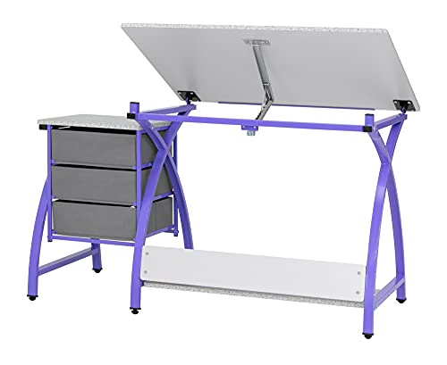 Offex The Comet Center Plus Adjustable Top Craft Table with 24" Pencil Ledge, 3 Drawers and Matching Padded Stool - Purple/Spatter Gray
