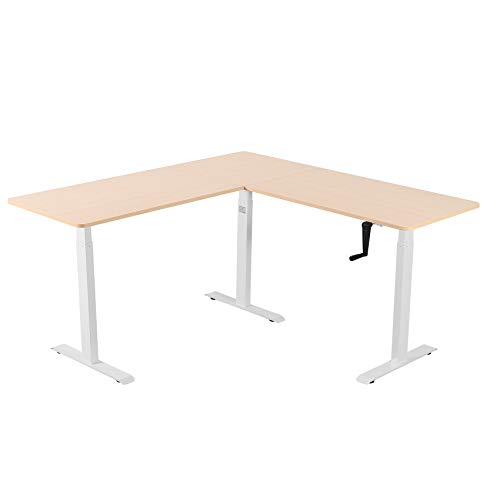 UNICOO – L Shaped Crank Height Adjustable Standing Desk, Sit to Stand up Corner Desk, L-Shaped Standing Workstation (White Frame/Light Oak Top - L Shape Crank)