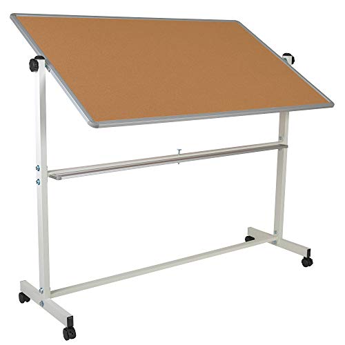 F&F Furniture Group 64.75” Reversible Mobile Cork Bulletin Board and White Board with Pen Tray