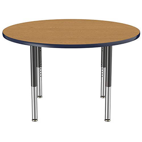 FDP Mobile Round Activity School and Office Table (48 inch), Super Legs with Glides and Casters, Adjustable Height 19-30 inches - Oak Top and Navy Edge