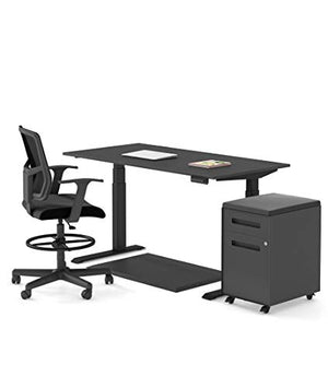 Electric Stand Up Desk Standard Bundle - Includes a Standing Desk/Height Adjustable Desk, 2 Drawer File Cabinet/Rolling File Cabinet, Anti Fatigue Mat, and Drafting Chair (60") (Black)