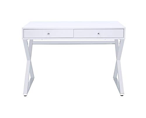 Knocbel Contemporary Computer Desk with 2 Storage Drawers, Home Office Workstation Writing Table with Metal X-Shaped Base, 42" L x 19" W x 31" H (White and Chrome)
