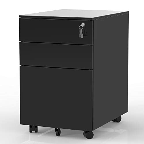 Teeker Mobile Metal 3 Drawer File Cabinet with Lock (Black)