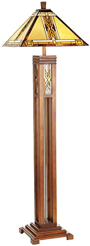 Mission Floor Lamp with Nightlight Walnut Wood Column Stained Glass Shade for Living Room Reading Bedroom - Robert Louis Tiffany