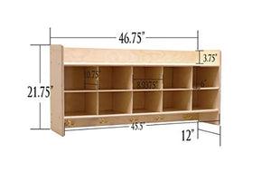 Contender 10 Section Cube Wall Mounted Shelf with Plastic Storage Containers for Organizing Toys, Games, School Art and Craft Supplies in Natural Finish