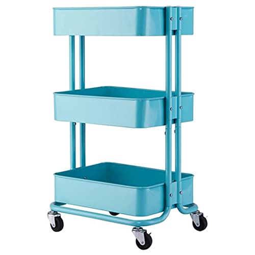 None 3 Tier Rolling Cart with Wheels Metal Utility Cart Storage Organizer Trolley (Blue, 1pcs)