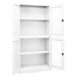 vidaXL White Steel and Tempered Glass Scandinavian Style Office Cabinet with Adjustable Shelves and Lock - 35.4"x15.7"x70.9