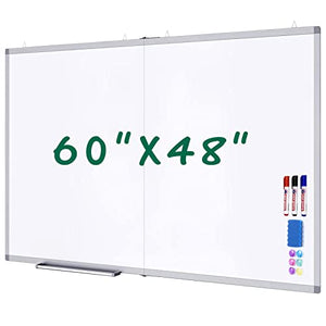 Large Magnetic Whiteboard, maxtek 60 x 48 inches Magnetic Dry Erase Board Foldable with Marker Tray 1 Eraser 3 Markers and 6 Magnets| Wall-Mounted Aluminum Memo White Board for Office Home and School