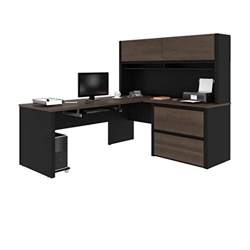 Bestar L-Shaped Desk with Hutch, Lateral File Cabinet, 72W, Antigua & Black
