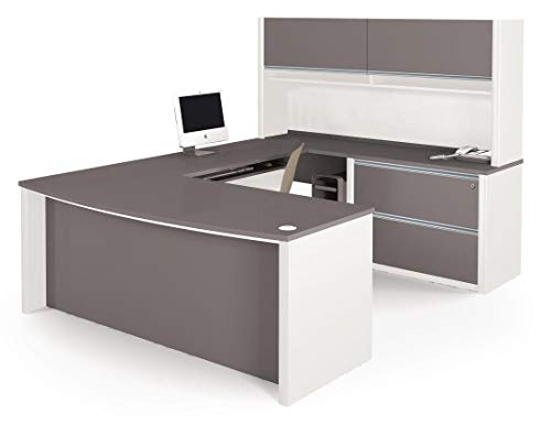 Bestar Connexion U-Shaped Workstation Kit Including Assembled Oversized Pedestal, Slate/Sandstone
