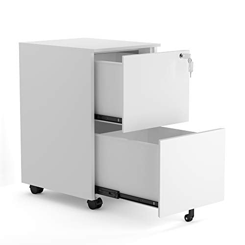 ModernLuxe 2 Drawer Locking File Cabinet with Wheels, Steel, White
