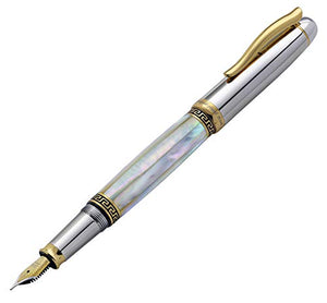 Xezo Maestro Mother of Pearl, Platinum and 18K Gold Finish Medium Point Handcrafted Serialized Fountain Pen. No Two Alike