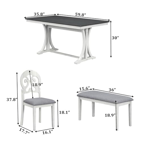 Bxhlxzz 6 Piece Retro Wood Dining Table Set with Chairs and Bench, Gray+Antique White