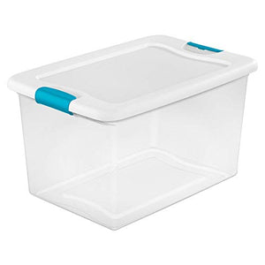 Sterilite 64 Quart Latching Plastic Storage Box, Clear w/ Blue Latches (24 Pack)