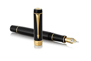 PARKER Duofold Centennial Fountain Pen, Classic Black with Gold Trim, Fine Solid Gold Nib, Black Ink and Convertor (1931381)