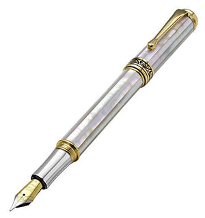 Xezo Maestro Handcrafted from Oceanic Origin Iridescent White Mother of Pearl Serialized Fine Fountain Pen. 18K Gold, Platinum Plated. No Two Alike