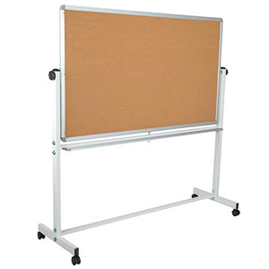 EMMA + OLIVER 62.5"W x 62.25"H Reversible Mobile Cork Bulletin Board and White Board with Pen Tray