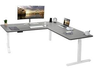 VIVO Electric Height Adjustable L-Shaped Corner Stand Up Desk, White Frame, 2 Dark Gray Table Tops, Memory Controller, 3E Series