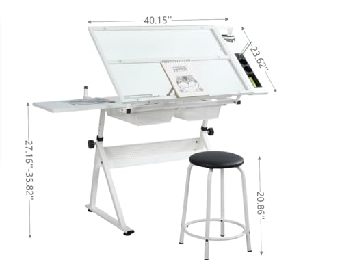 Lifeand Adjustable Tempered Glass Drafting Printing Table, Large, White