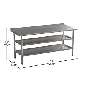 Flash Furniture Stainless Steel Work Table with Backsplash and Undershelves - 72"W x 30"D x 34.5"H, NSF