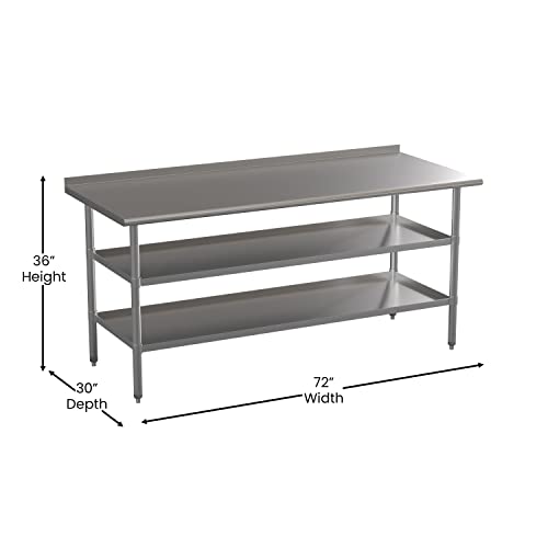 Flash Furniture Stainless Steel Work Table with Backsplash and Undershelves - 72"W x 30"D x 34.5"H, NSF