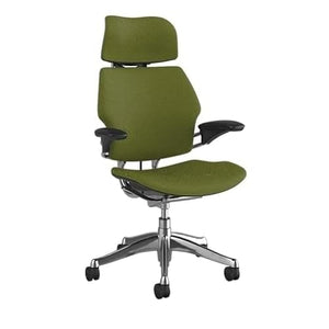 Humanscale Freedom Office Chair with Headrest - Ergonomic Work Chair with Highly Adjustable Arms and Gel Seat - Wheels for Carpet - Aluminum Frame - Clover Green Fabric
