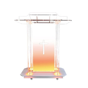 LAYIQDC Transparent Church Pulpit with Hollow Cross Design and LED Acrylic Podium on Wheels