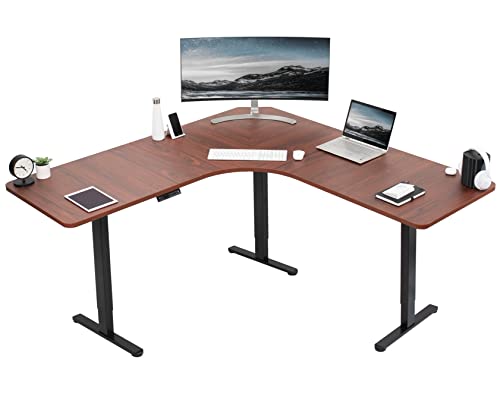 VIVO Electric Height Adjustable Curved Corner Stand Up Desk, Dark Walnut Table Top, L-Shaped Workstation - E3C Series