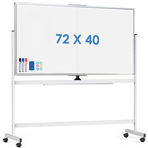 Rolling Whiteboard Double Sided, 72 x 40 inches Large Mobile Dry Erase Board, Reversible Standing Magnetic Whiteboard on Wheels with Markers for Home Office