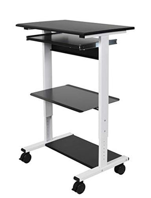 S Stand Up Desk Store Mobile Rolling Adjustable Height Standing Workstation with Printer Shelf and Keyboard Tray (White Frame/Black Top, 30" Wide)