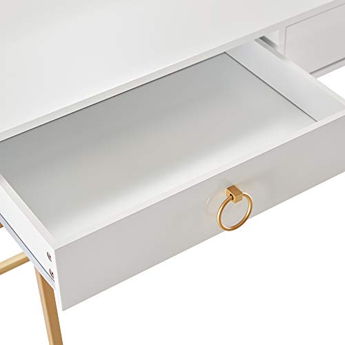 BELLEZE Two-Drawer Home Office Computer Desk Vanity Table, Wood and Metal, White & Gold