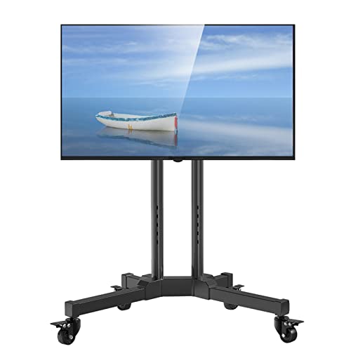 YokIma TV Stand for 55 65 Inch TV, Black Mobile TV Stand On Wheels, Height Adjustable - Holds 110 Lbs