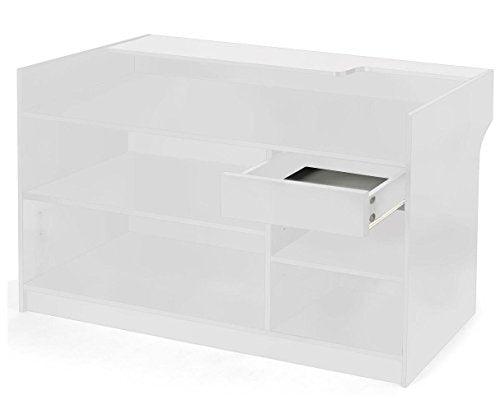 70"W Free-Standing White Melamine Register Stand, With Adjustable Shelves, Pull-Out Drawer, And Check Writing Area