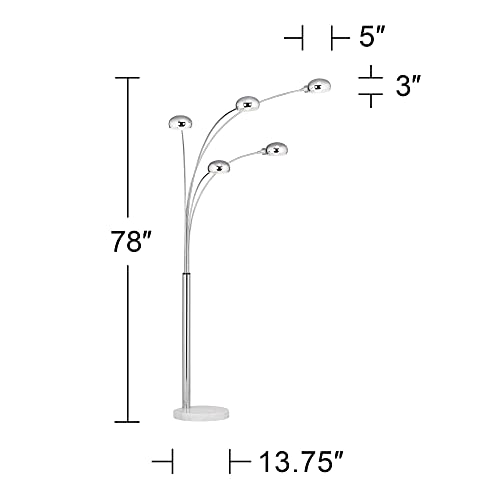 Possini Euro Design Modern Mid Century Arched Floor Lamp 5-Light 78" Tall Chrome Silver Metal Marble Base - Swivel Dome Shade - Living Room Reading Bedroom Decor
