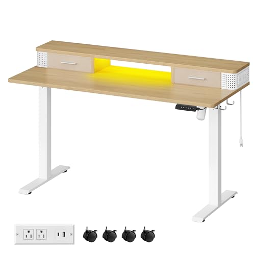 VASAGLE Electric Standing Desk with Drawers, Power Strip, Adjustable Height - 23.6 x 55.1 Inches - Home Office - Straw Yellow ULSD184N21