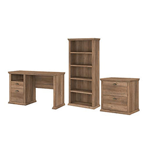 Bush Furniture Yorktown Home Office Desk with Lateral File Cabinet and 5 Shelf Bookcase, 50W, Reclaimed Pine