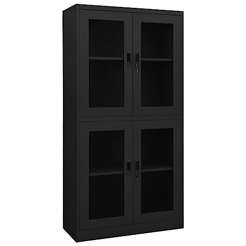 HLELU Steel Office Cabinet with Glass Doors, Lockable, Anthracite Color, 35.4" x 15.7" x 70.9