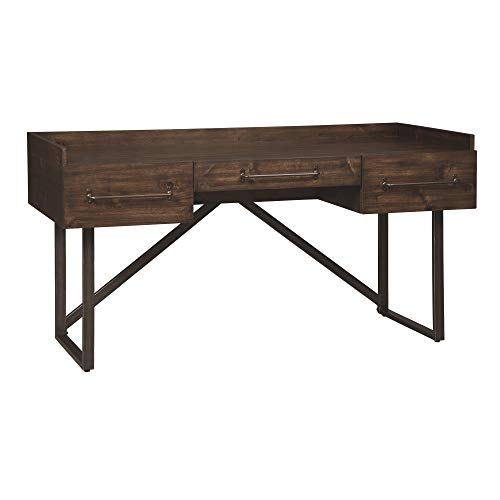 Ashley Furniture Signature Design - Starmore Home Office Desk - 3 Drawers w/ Dovetail Construction - Dark Bronze Tubular Metal - Contemporary - Dark Brown Rustic Finish