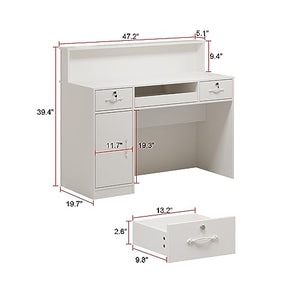 ECACAD Reception Desk with Light, Display Shelf, Lockable Drawers, Keyboard Tray, White (47.2”W x 19.7”D x 39.2”H)