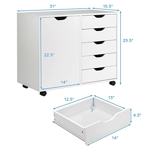 Hallway Entryway Closet Storage Stand 5-Drawer Dresser Chest Mobile Storage Side Cabinet Printer Stand Office White