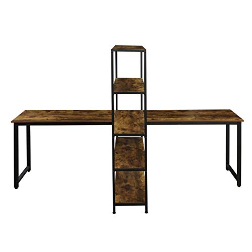 PovKeever Home Office Two Person Computer Desk with Shelves, Extra Large Double Workstations Office Desk with Storage Shelves (Brown)