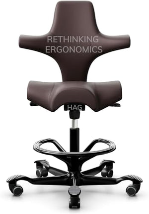 Rethinking Ergonomics HAG Capisco Adjustable Standing Desk Chair - Metal Frame - 22.5”-33”H (Vinyl, Chocolate/Black Foot Ring)