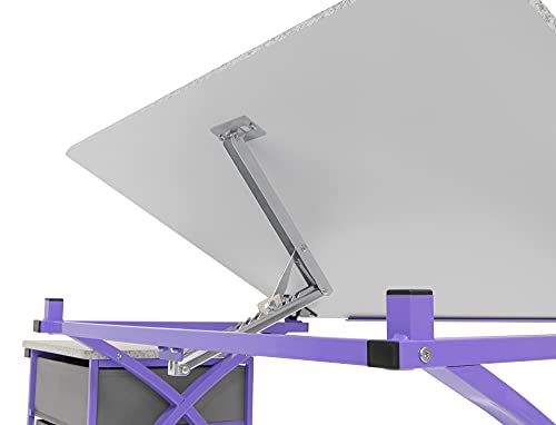 Offex The Comet Center Plus Adjustable Top Craft Table with 24" Pencil Ledge, 3 Drawers and Matching Padded Stool - Purple/Spatter Gray