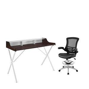 Home Square 2 Piece Office Set with Writing Desk in Cherry and Mesh Drafting Chair in Black
