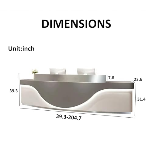 KAGUYASU Modern Curved Reception Desk with Light, Checkout Counter Hutch, Retail Counter Table, Lockable Drawer Door File Cabinet, Office Computer Front Desk (Grey + Gold Stainless Steel, 149.61")