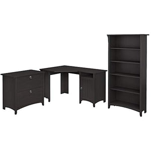 Bush Furniture Salinas 55W Corner Desk with Lateral File Cabinet and 5 Shelf Bookcase in Vintage Black