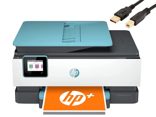 HP OfficeJet Pro 80 28e All-in-One Wireless Color Inkjet Printer, Print Scan Copy Fax, Auto 2-Sided Printing, 35-Sheet ADF, 20 ppm, 4800 x 1200 dpi, Ethernet, Blue, Durlyfish USB Printer Cable